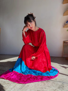 1980s Oscar De La Renta Silk Brocade Rose Color Block Blouse and Maxi Skirt Set