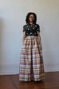Laura Ashley Raw Silk Plaid Full Pleated Maxi Skirt