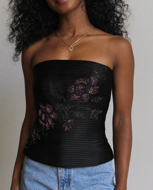 1990s Black Silk Beaded Rose Bustier