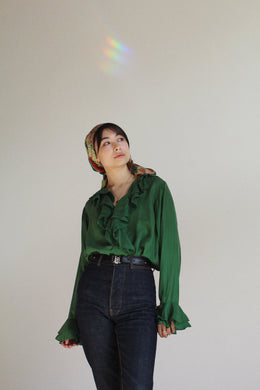 1980s Green Silk Ruffle Blouse