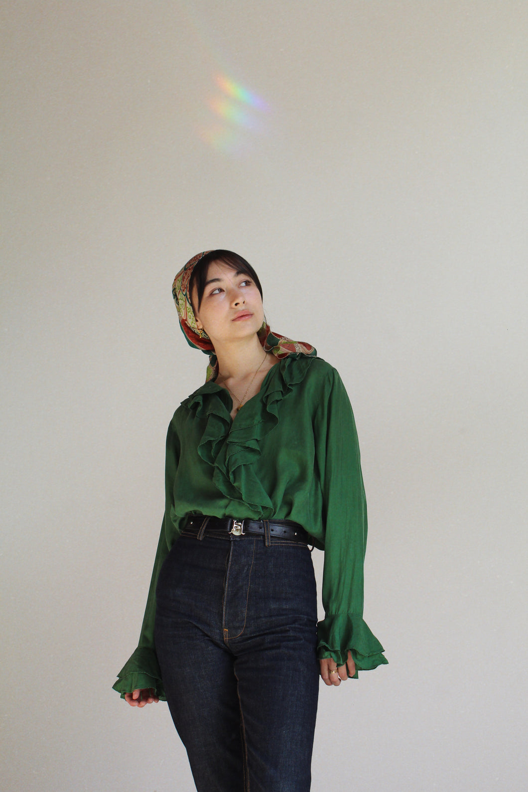 1980s Green Silk Ruffle Blouse