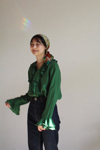 1980s Green Silk Ruffle Blouse