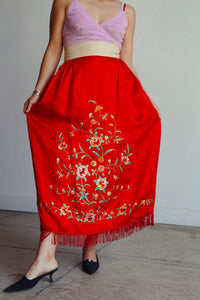 Antique Chinese Red Silk Embroidered Robe Skirt