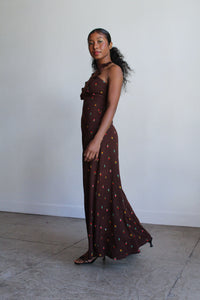 1970s Brown Knit Floral Print Sundress