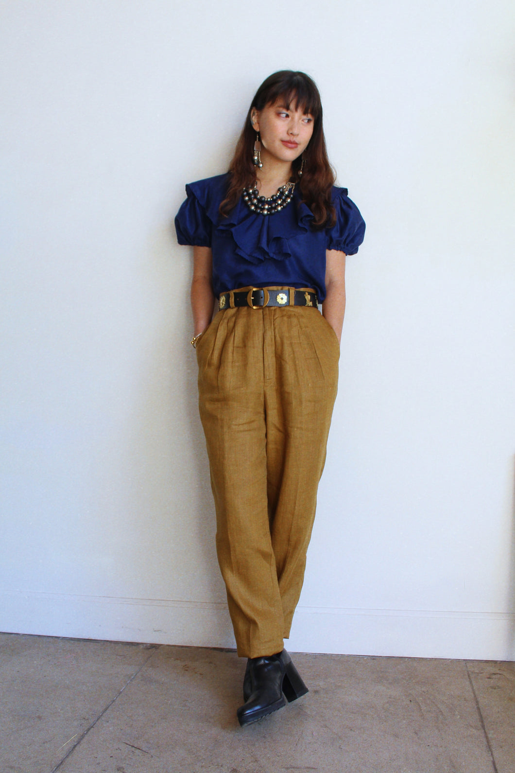 1980s Ochre Linen Pleated Trousers