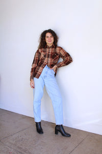 1980s Claybrooke Brown Plaid Flannel Long Sleeve Button Up