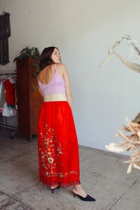 Antique Chinese Red Silk Embroidered Robe Skirt