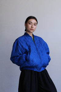 1980s Electric Blue Silk Quilted Bomber Jacket