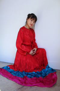 1980s Oscar De La Renta Silk Brocade Rose Color Block Blouse and Maxi Skirt Set