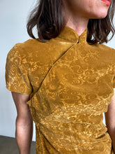 Load image into Gallery viewer, 1960s Abstract Silk Velvet Burnout Caramel Cheongsam Qipao Dress