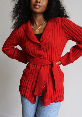 1970s Red Ribbed Knit Cardigan