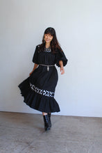 Load image into Gallery viewer, 1970s Black &amp; White Appliqué Gauze Dress w/ Ballon Sleeves