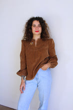 Load image into Gallery viewer, 1960s Brown Corduroy Embroidered Smock Blouse w/ Puff Sleeves