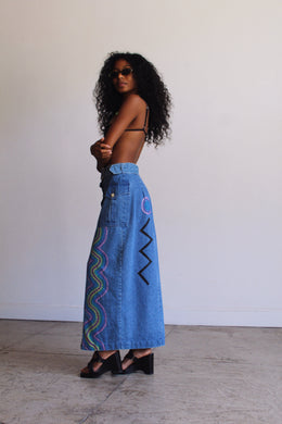1980s Painted Denim Skirt and Belt