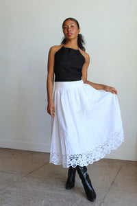 1980s White Irish Linen & Lace Cutout Skirt