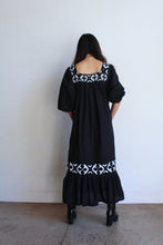 Load image into Gallery viewer, 1970s Black &amp; White Appliqué Gauze Dress w/ Ballon Sleeves