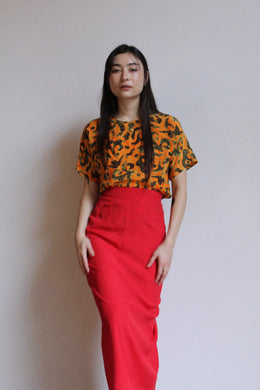 1980s Orange Silk Abstract Print Blouse