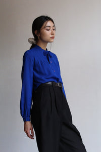 Electric Blue Silk Pussy Bow Blouse