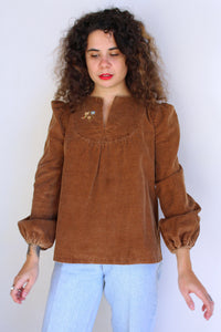 1960s Brown Corduroy Embroidered Smock Blouse w/ Puff Sleeves