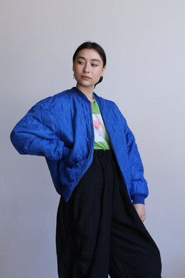 1980s Electric Blue Silk Quilted Bomber Jacket