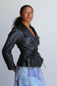 1970s Black Leather Cropped Trench Jacket