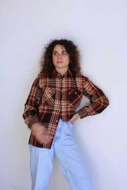 1980s Claybrooke Brown Plaid Flannel Long Sleeve Button Up