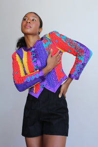 1980s Jeanne Marc Colorful Silk Quilted Jacket
