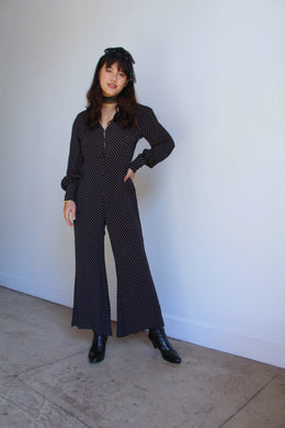 1970s Polka Dot Rayon Empire Waist Jumpsuit