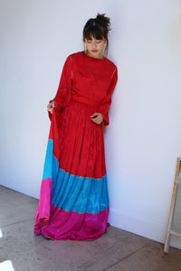 1980s Oscar De La Renta Silk Brocade Rose Color Block Blouse and Maxi Skirt Set