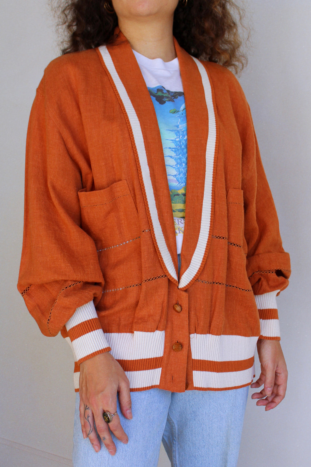 1990s Burnt Orange & White Striped Linen Cardigan
