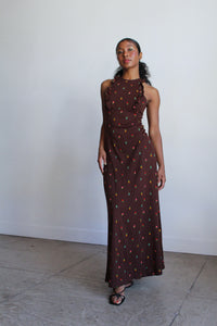 1970s Brown Knit Floral Print Sundress