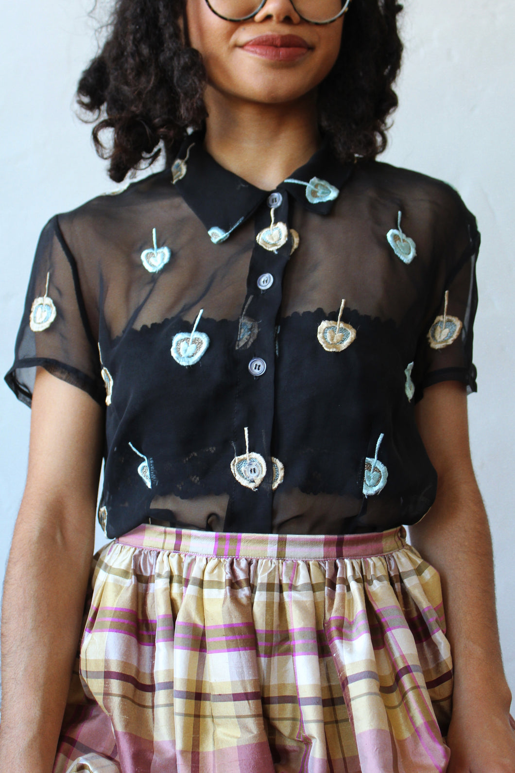 1990s Black Sheer Embroidered Button Up Blouse