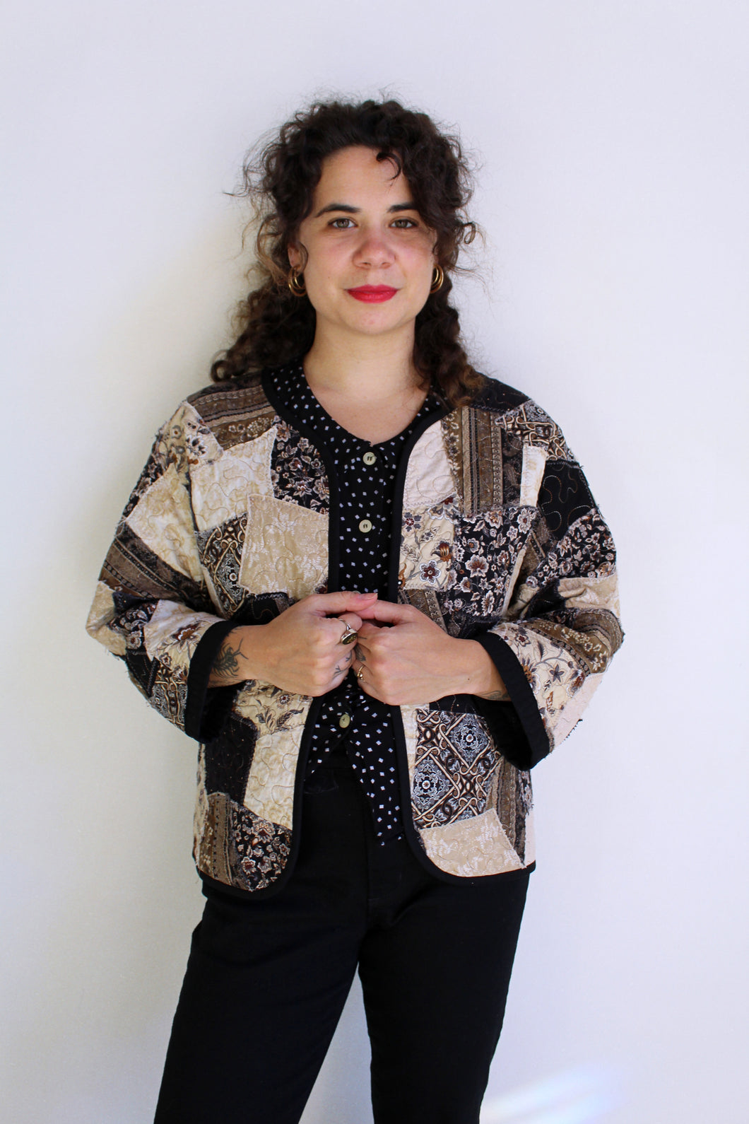 1990s Cotton Patchwork Home Sewn Open Jacket
