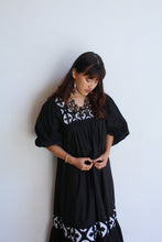 Load image into Gallery viewer, 1970s Black &amp; White Appliqué Gauze Dress w/ Ballon Sleeves