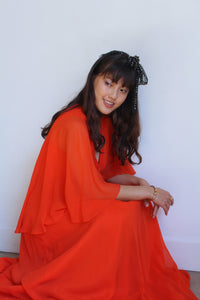 1970s Orange Silk Chiffon Capelet Maxi Dress