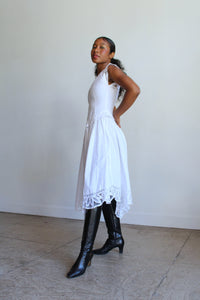 1980s White Irish Linen & Lace Cutout Dress