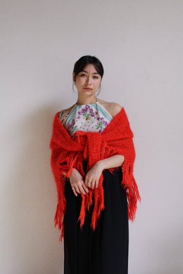 1970s Neon Red Crochet Knit Shawl