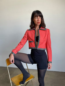 1960s Black & Red Grid Print Knit Cropped Jacket