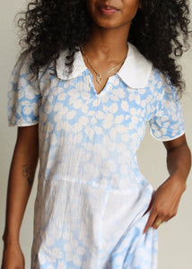1930s Faded Blue Cherry Print Feedsack House Dress
