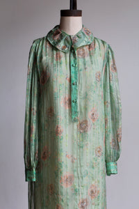 1970s Green Silk Chiffon Rose Print Dress