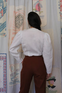 1980s Oleg Cassini White Linen Cutwork Lace Blouse 