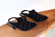 Load image into Gallery viewer, 1980s Black Suede &amp; Mesh Pointed Sling Back Heels - Size 8