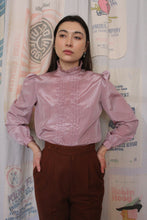 Load image into Gallery viewer, 1970s Shiny Mauve Pink Grid Print Ruffle Collar Blouse