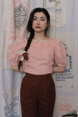1980s Pink Cotton Linen Pintuck Puff Sleeve Blouse