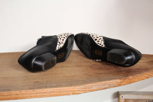 1980s Dalmation Pony Hair & Black Leather Pointed Button Mules - Made in Italy -Size 8