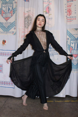 Antique 1930s Black Silk Lace Peignoir Patched by 3 Women