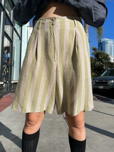 90s Green Chartreuse Striped Linen Pleated Shorts