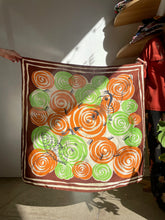 Load image into Gallery viewer, 1940s Brown Jester Swirl Heart Print Hand Rolled Scarf