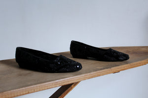 1980s FRANKIE and Baby Beverly Feldman Black Beaded Slip On Loafers -Size 7.5