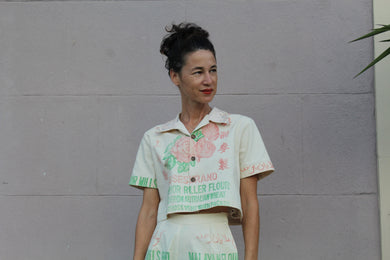 Malayan Rose Patchwork Cropped Button-up